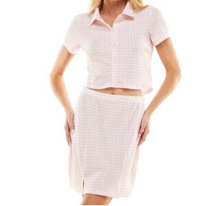 Ulta Flirt Pink Checkered Button Up Crop Top & Mini Skirt Set